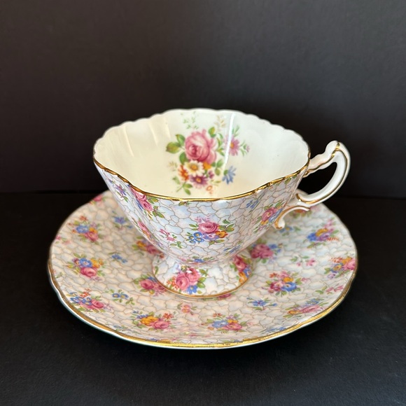 VTG Hammersley & Co England Teacup & Saucer 1940’s Pink Rose Floral CHINTZ 2348 - Picture 13 of 14